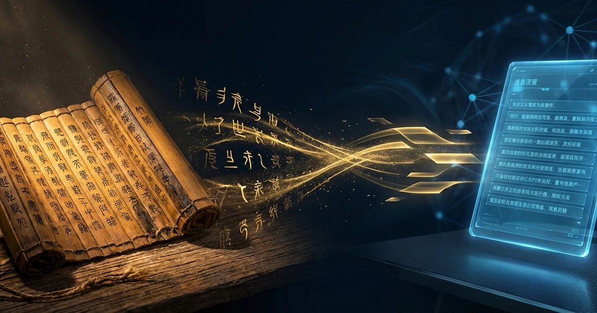 竹簡上的古文經由 AI 翻譯轉化為現代白話文的視覺化流程