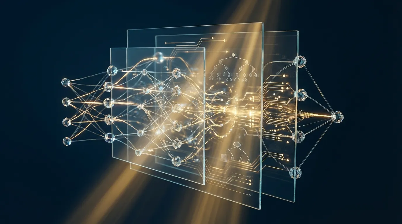 抽象的神經網路結構中透出光線,象徵打開 AI 黑箱的可解釋性技術