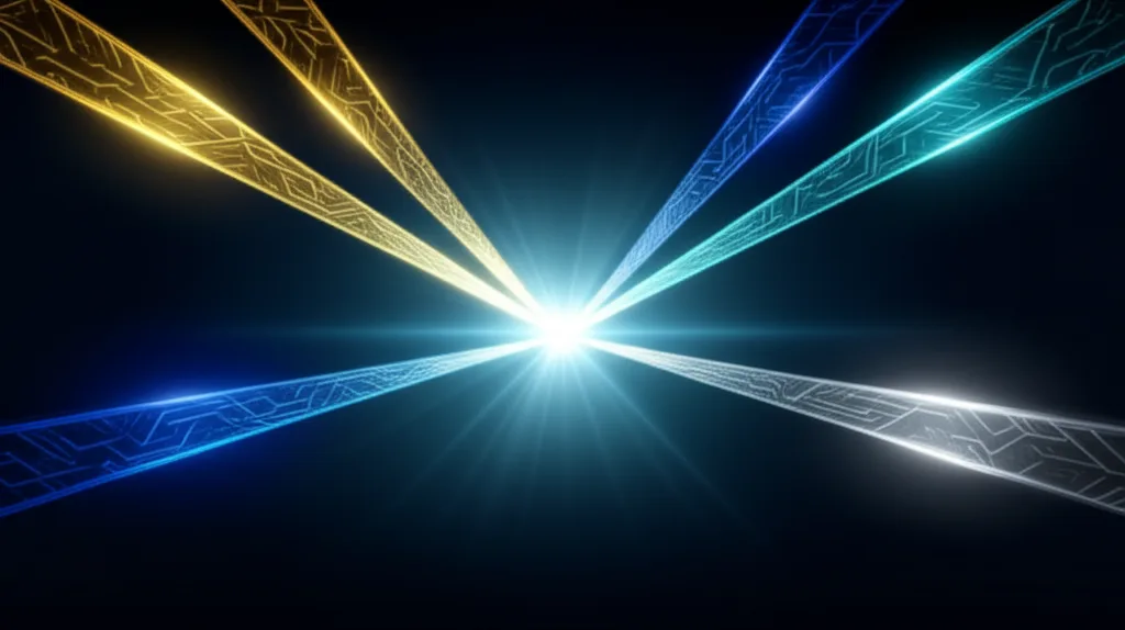 五條不同顏色的光束從各方匯聚至中央形成明亮的光核，象徵五大效率技術的協同融合