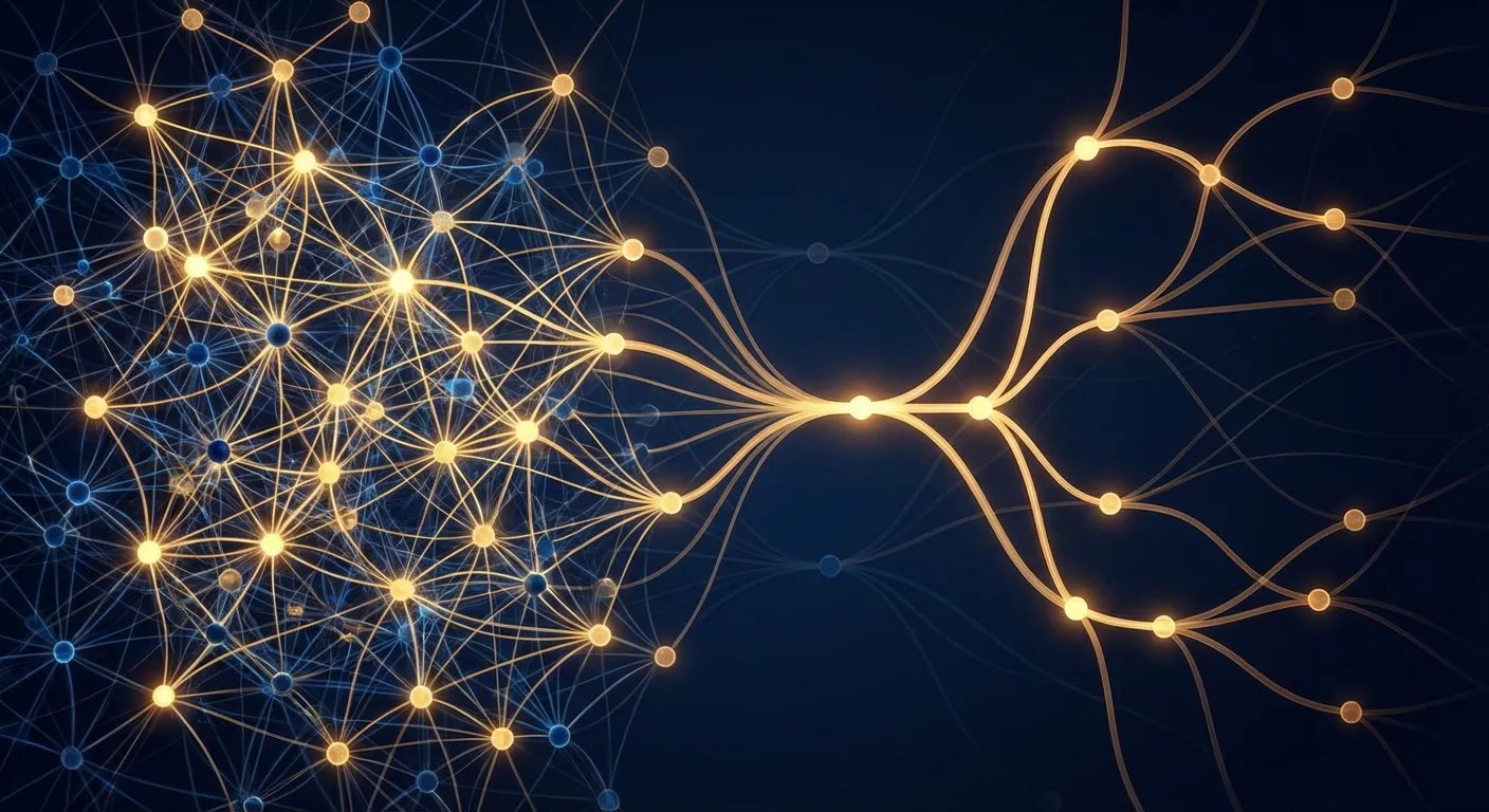 密集神經網路從左至右漸變為精簡稀疏結構,象徵剪枝的精準優化過程